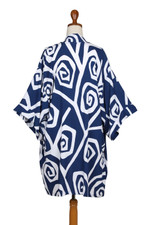 Silk-screened rayon kimono jacket, 'Sea Loop' - Silk Screened Blue and White Kimono Jacket & Belt