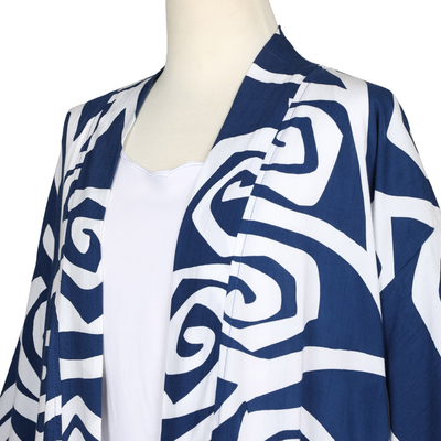 Silk-screened rayon kimono jacket, 'Sea Loop' - Silk Screened Blue and White Kimono Jacket & Belt