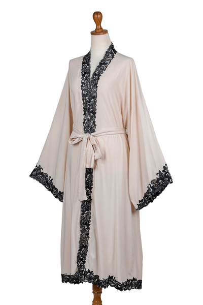 Embroidered cotton robe, 'Lounge Time' - Long Embroidered Cotton Robe from Bali