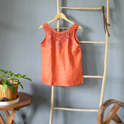 Embroidered linen blouse, 'Juicy Fruit' - Hand Embroidered Sleeveless Linen Blouse