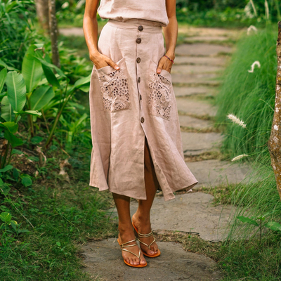 Embroidered linen skirt, 'Juicy Fruit in Natural' - Hand Embroidered Knee-Length Skirt