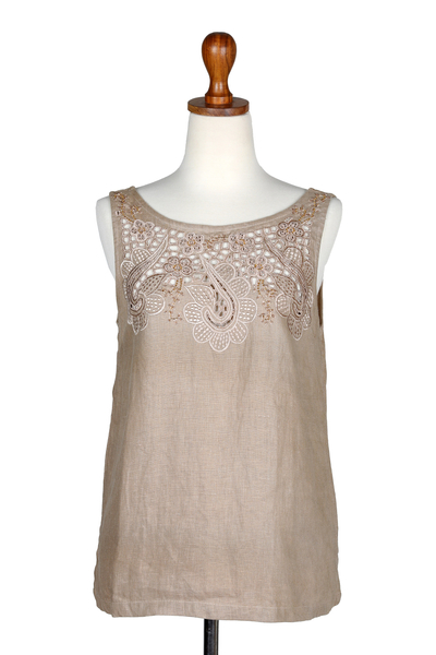 Balinese Embroidered Linen Blouse - Juicy Fruit in Natural | NOVICA