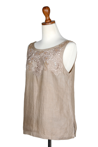 Embroidered linen top, 'Juicy Fruit in Natural' - Balinese Embroidered Linen Blouse