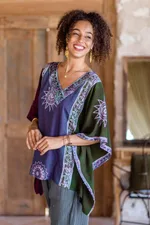 Batik rayon caftan blouse, 'Vintage Batik' - Hand Crafted Batik Rayon Floral Blouse from Bali