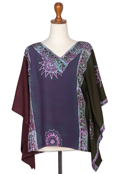 Batik rayon caftan blouse, 'Vintage Batik' - Hand Crafted Batik Rayon Floral Blouse from Bali