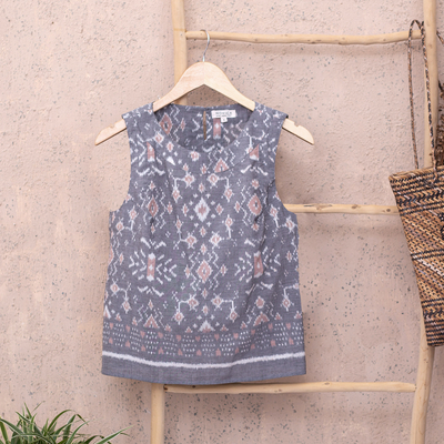 Handwoven ikat cotton blouse, 'Grey Gardens' - Hand Made Sleeveless Cotton Ikat Blouse from Bali