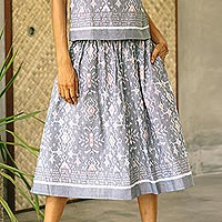 Falda de algodón ikat tejida a mano, 'Grey Gardens' - Falda Midi Ikat de algodón tejida a mano de Bali