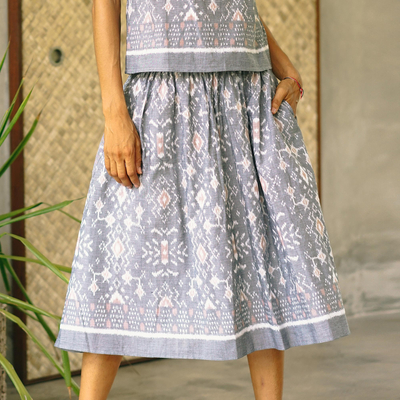 Falda de algodón ikat tejida a mano - Falda Midi Ikat de algodón tejida a mano de Bali
