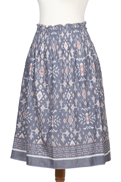 Handwoven ikat cotton skirt, 'Grey Gardens' - Hand Woven Cotton Midi Ikat Skirt from Bali