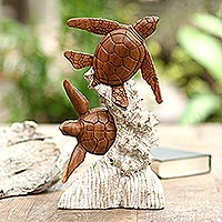 Wood sculpture, 'Turtles and Coral' - Handmade Suar Wood Turtle Sculpture from Bali