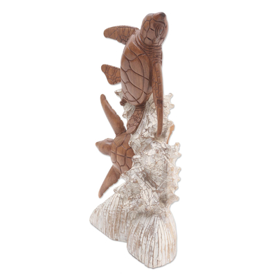 Wood sculpture, 'Turtles and Coral' - Handmade Suar Wood Turtle Sculpture from Bali