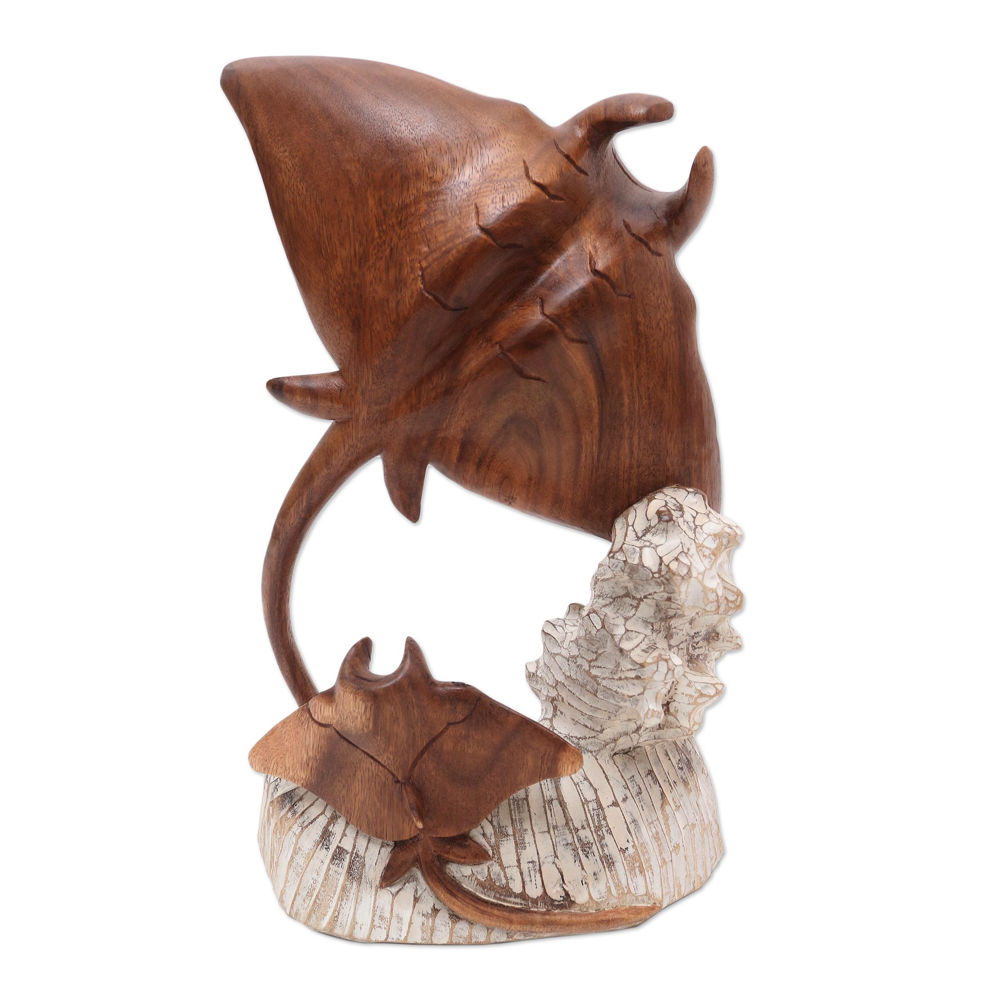 Hand Crafted Suar Wood Stingray Sculpture - Stingrays and Coral | NOVICA