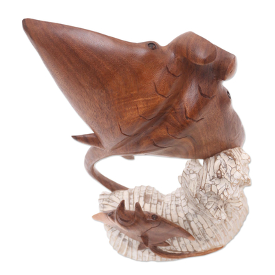 Wood sculpture, 'Stingrays and Coral' - Hand Crafted Suar Wood Stingray Sculpture