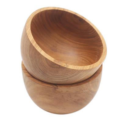 Teak wood bowls, 'Dinner for Two' (pair) - Hand Carved Teak Wood Dinner Bowls from Bali (Pair)
