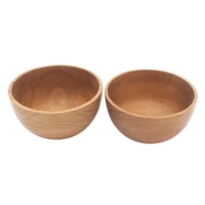 Teak wood bowls, 'Dinner Duo' (pair) - Hand Made Teak Wood Dinner Bowls from Bali (Pair)