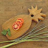 Teak wood cutting board, 'Pineapple Feast' - Hand Made Pineapple Teak Wood Cutting Board from Bali