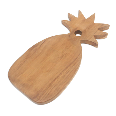Teak wood cutting board, 'Pineapple Feast' - Hand Made Pineapple Teak Wood Cutting Board from Bali