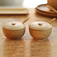 Hand Carved Teak Wood Condiment Bowls from Bali (Pair),'Delicious Duo'