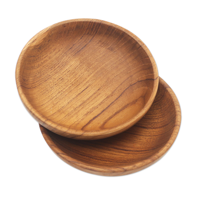 Small teak wood snack bowls, 'Dinner for Friends' (pair) - Handmade Teak Wood Snack Bowls from Bali (Pair)