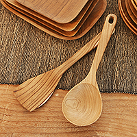 Teak wood utensil set, 'Warm Kitchen' (pair) - Hand Made Teak Wood Utensil Set from Bali (Pair)