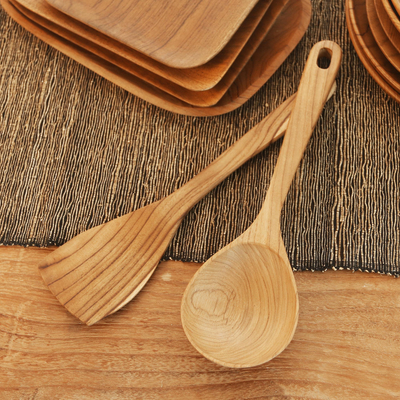 Teak Wood Utensil Set From Bali, Handmade Wooden Kitchen Utensils Canada