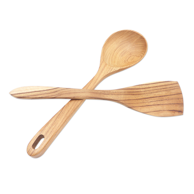 Juego de utensilios de madera de teca, (par) - Juego de utensilios de madera de teca hechos a mano de Bali (par)