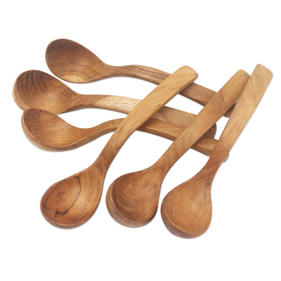 Teak wood soup spoons, 'Ladle Up' (set of 6) - Hand Crafted Teak Wood Soup Spoons from Bali (Set of 6)