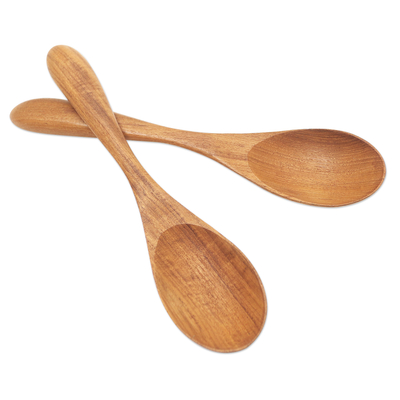 Teak wood salad spoons, 'Hearty Meal' (pair) - Hand Made Teak Wood Salad Spoons from Bali (Pair)