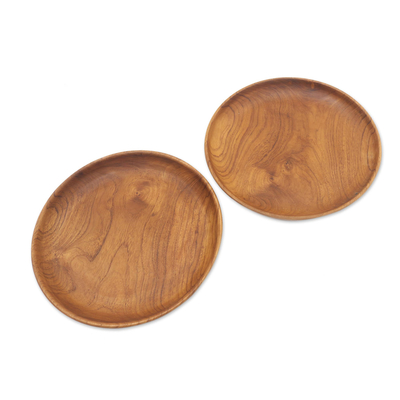 Teak wood plates, 'Nature's Course' (9 inch, pair) - Hand Made Teak Wood Dinner Plates from Bali (Pair, 9 Inch)