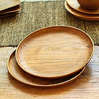 Handmade Teak Wood Dinner Plates from Bali (Pair, 11 Inch),'Fit for a Feast'