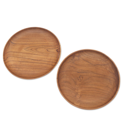 Platos llanos de madera de teca, (par, 11 pulgadas) - Platos llanos de madera de teca hechos a mano de Bali (par, 11 pulgadas)