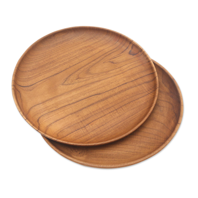 Teak wood dinner plates, 'Fit for a Feast' (pair, 11 inch) - Handmade Teak Wood Dinner Plates from Bali (Pair, 11 Inch)