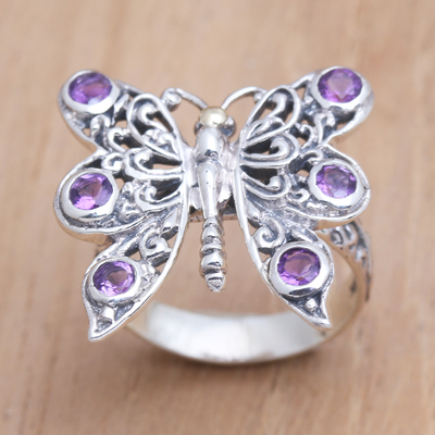 Amethyst cocktail ring, 'Purple Monarch' - Amethyst and Sterling Silver Butterfly Cocktail Ring