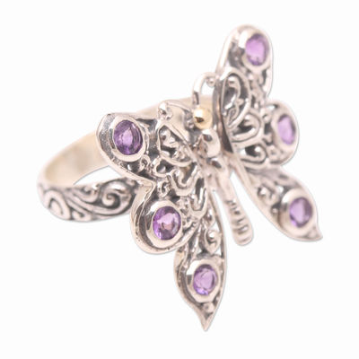 Amethyst cocktail ring, 'Purple Monarch' - Amethyst and Sterling Silver Butterfly Cocktail Ring