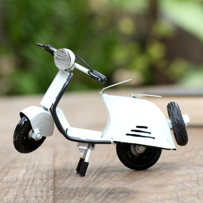 Metal sculpture, 'Spirited Scooter in White' - Hand Made Recycled Metal Scooter Sculpture