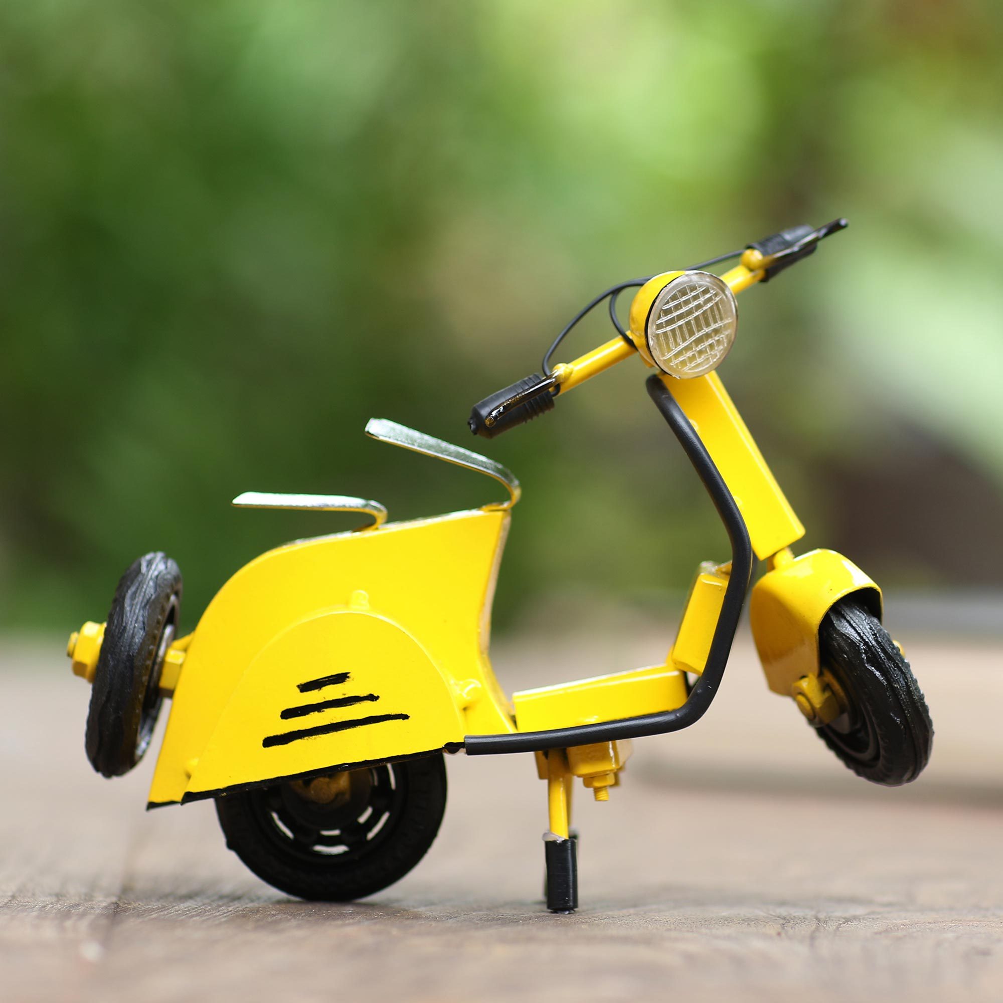 Artisan Crafted Recycled Metal Scooter Sculpture Spirited Scooter in Yellow NOVICA