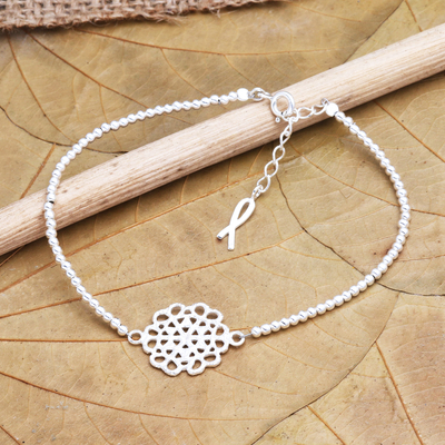 Sterling silver pendant bracelet, 'Little Rose' - Artisan Crafted Sterling Silver Floral Pendant Bracelet