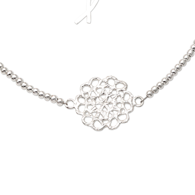 Sterling silver pendant bracelet, 'Little Rose' - Artisan Crafted Sterling Silver Floral Pendant Bracelet