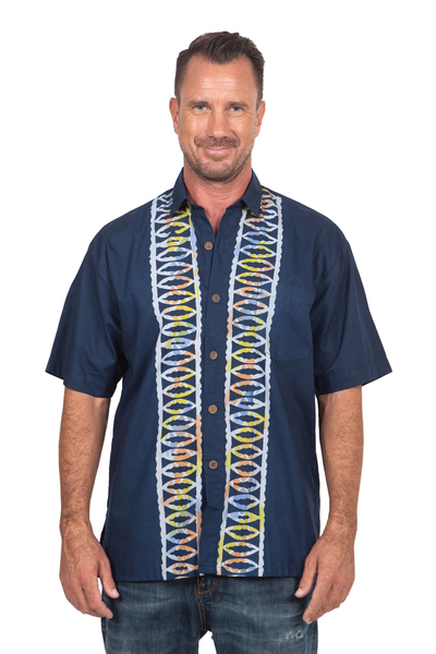 Batik cotton men's shirt, 'Batik Boat' - Artisan Crafted Button-Up Short Sleeve Men's Batik Shirt