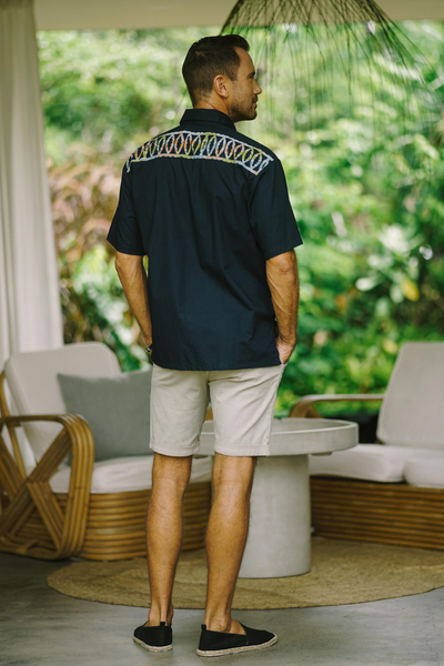 Batik cotton men's shirt, 'Batik Boat' - Artisan Crafted Button-Up Short Sleeve Men's Batik Shirt