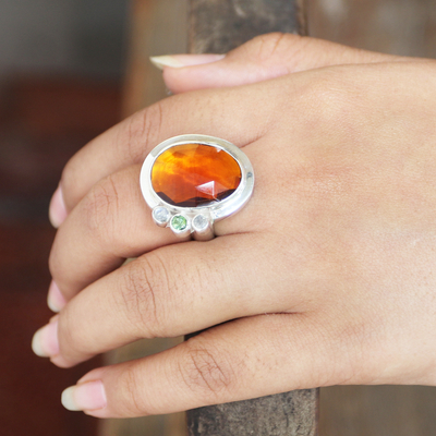 Multi-gemstone cocktail ring, 'Sunshine Days' - Hand Made Citrine and Peridot Cocktail Ring from Bali