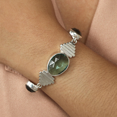 Labradorite and quartz pendant bracelet, 'Candi' - Labradorite and Quartz Pendant Bracelet from Bali