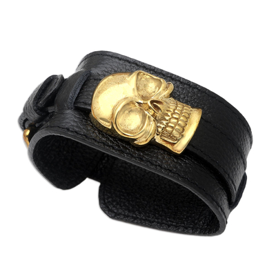 Unisex-Armband aus Leder und Messing - Handgefertigtes Totenkopf-Armband aus Leder und Messing
