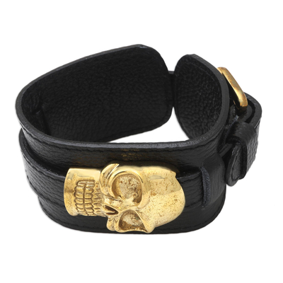 Unisex leather and brass wristband bracelet, 'Strapped' - Handmade Leather and Brass Skull Wristband Bracelet