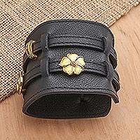 Unisex leather and brass wristband bracelet, 'Double Strapped' - Hand Crafted Leather and Brass Wristband Bracelet with Onyx