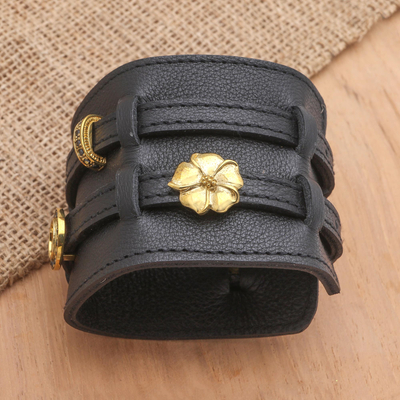 Unisex leather and brass wristband bracelet, 'Double Strapped' - Hand Crafted Leather and Brass Wristband Bracelet with Onyx