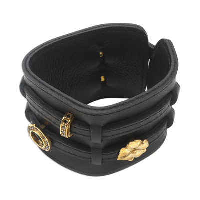 Unisex-Armband aus Leder und Messing - Handgefertigtes Leder- und Messingarmband mit Onyx