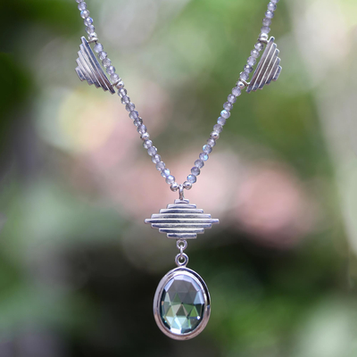 Labradorite and quartz pendant necklace, 'Candi' - Handmade Labradorite and Quartz Pendant Necklace