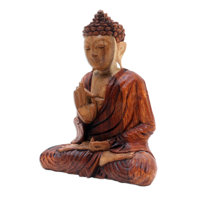 Wood statuette, 'Spiritual Teacher' - Hand Carved Suar Wood Buddha Statuette from Bali
