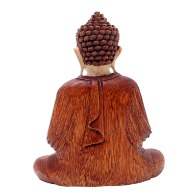 Wood statuette, 'Spiritual Teacher' - Hand Carved Suar Wood Buddha Statuette from Bali